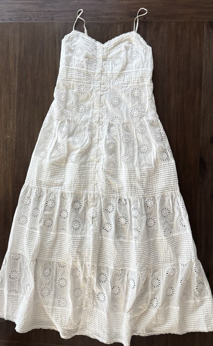 Ochirly Maxi Dress True White Lace Trim Cotton Women’s XL Eyelet Cottage Boho